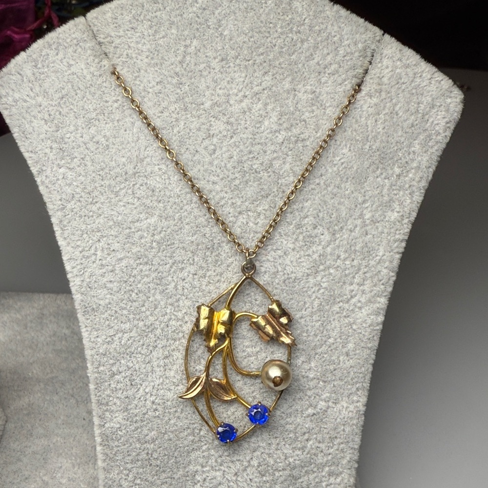 Vintage Gold and Blue Leaf Necklace